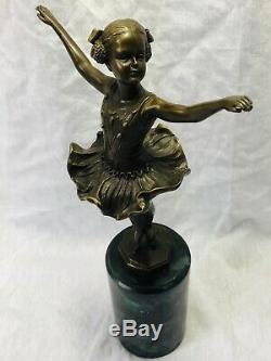 20th Siècle Bronze Sculpture Danse Jeune Ballerine Fille Marbre Base Signé