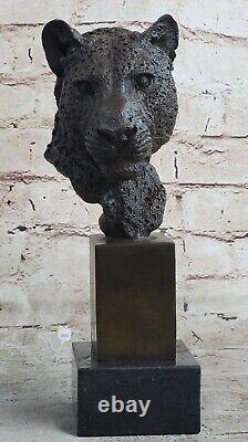 Africain Cougar Puma Bronze Sculpture Buste Signée Art Déco Marbre Figurine Base