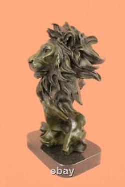 Africain Mountain Lion Bronze Sculpture Buste Signée Art Déco Marbre Base