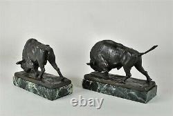 Alb Wille, 2 Bisons En Bronze Et Marbre, Sculptures Signées, Début 20eme Siècle