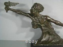 Allegorie Vitesse Buste Mermoz Sculpture Ancienne Bronze Signé Frederic C. Focht