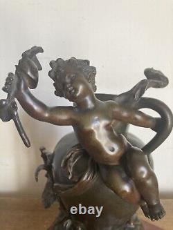 Amour Assis Sur Une Cruche Bronze Et Marbre Signee Moreau Vers 1900