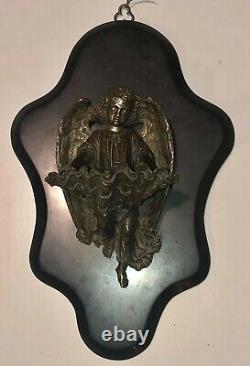 Ancien Benitier En Bronze Et Marbre Ange Signé Dumaige