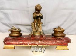 Ancien Encrier en Bronze signé LEMIRE SUSSE FRERES et Marbre. Cherubin Amour
