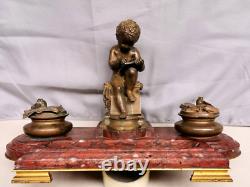 Ancien Encrier en Bronze signé LEMIRE SUSSE FRERES et Marbre. Cherubin Amour