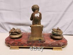 Ancien Encrier en Bronze signé LEMIRE SUSSE FRERES et Marbre. Cherubin Amour