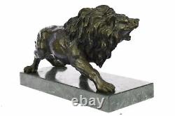 Angry Lion Rugissant Signée Barye Fonte Bronze Marbre Sculpture Statue Figurine