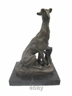 Antique Figurine Chien En Bronze sur un Marbre noir