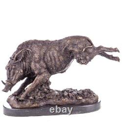 Antique Figurine Sangelier en Bronze Chasse Sauvage Sur un marbre noir Signée