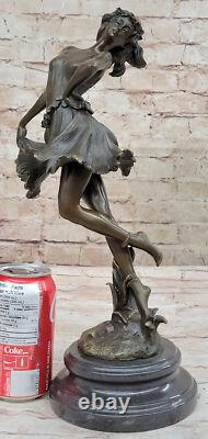 Art Déco Bronze Danseuse, Signée Cesaro Ouvre Sur Marbre Base Sculpture Figurine