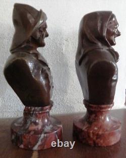 BRONZE ancien signé WAAGEN, Couple vieux PECHEURS, socle marbre, presse-papier