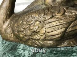 Beau Bronze Mother Swan Oiseau Avec Bébé Cygneaux Sculpture Signé Marbre Base