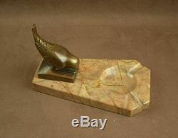 Belle Sculpture Bronze Art Deco Oiseau Signé Sur Socle Vide Poche En Marbre