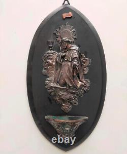 Bénitier mural sculpture bronze signée sur plaque de marbre