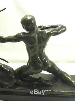 Bronze 19 Eme Signé L. Riche Socle Marbre 1877/1949 Sculpture Homme A La Chasse