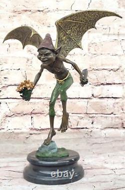 Bronze Goblin / Gnome Signé Par Juno Marbre Base Sculpture Statue Fonte