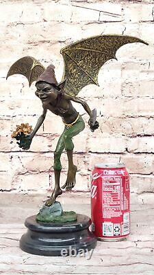 Bronze Goblin / Gnome Signé Par Juno Marbre Base Sculpture Statue Fonte