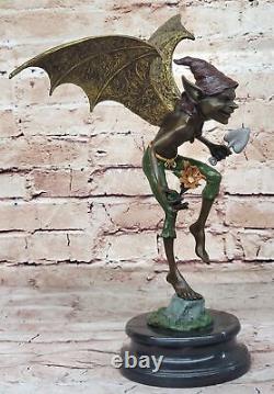 Bronze Goblin / Gnome Signé Par Juno Marbre Base Sculpture Statue Fonte