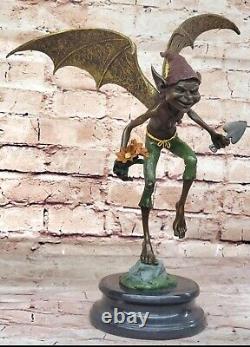 Bronze Goblin / Gnome Signé Par Juno Marbre Base Sculpture Statue Fonte