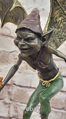 Bronze Goblin / Gnome Signé Par Juno Marbre Base Sculpture Statue Fonte