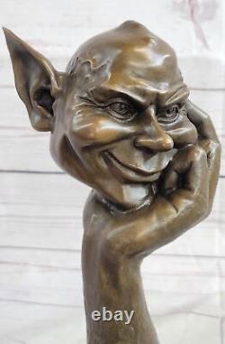 Bronze Goblin Gnome Signé Par Juno Marbre Base Sculpture Statue Fonte Solde