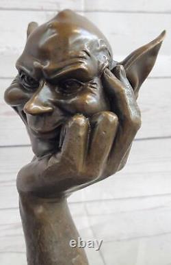 Bronze Goblin Gnome Signé Par Juno Marbre Base Sculpture Statue Fonte Solde