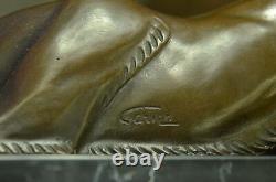 Bronze Lévrier Chien Sculpture Marbre Base Signée Fonte Bureau à Domicile Ouvre