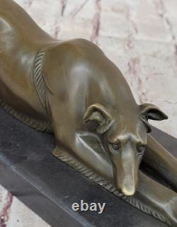 Bronze Lévrier Chien Sculpture Marbre Base Signée Fonte Maison Bureau Décor Art