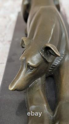 Bronze Lévrier Chien Sculpture Marbre Base Signée Fonte Maison Bureau Décor Art
