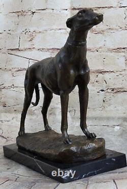 Bronze Lévrier Chien Sculpture Marbre Base Signée Fonte Sculpture Figurine
