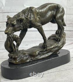 Bronze Loup Protection Her Cub Sculpture Marbre Statue Signée Lecourtier Ouvre