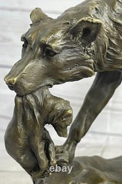 Bronze Loup Protection Her Cub Sculpture Marbre Statue Signée Lecourtier Ouvre