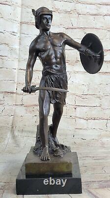 Bronze Sculpture Romain God Warrior Statue Signé Art Figurine Marbre Base Décor