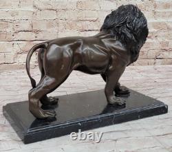 Bronze Sculpture Statue Signée'Lost' Cire Solide Lion Animal Art Base Marbre F