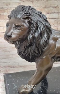 Bronze Sculpture Statue Signée'Lost' Cire Solide Lion Animal Art Base Marbre F