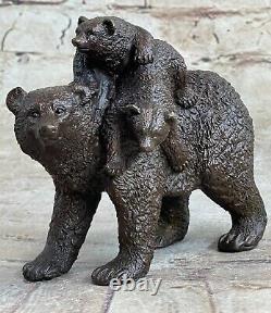 Bronze Sculpture Statue Signée Original Noir Ours Mère Cub Western Marbre Art