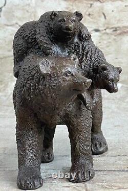 Bronze Sculpture Statue Signée Original Noir Ours Mère Cub Western Marbre Art