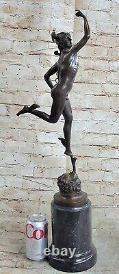 Bronze Sculpture Statue Superbe Mercury Hermes Signée Bologne` Marbre Décor