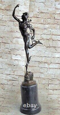 Bronze Sculpture Statue Superbe Mercury Hermes Signée Bologne` Marbre Décor