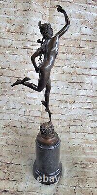 Bronze Sculpture Statue Superbe Mercury Hermes Signée Bologne` Marbre Décor