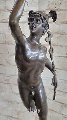 Bronze Sculpture Statue Superbe Mercury Hermes Signée Bologne` Marbre Décor