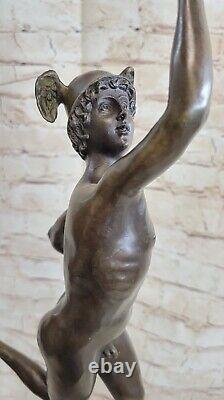 Bronze Sculpture Statue Superbe Mercury Hermes Signée Bologne` Marbre Décor