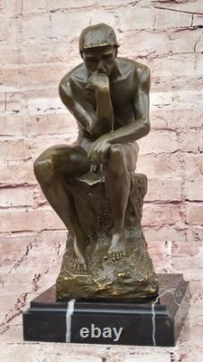 Bronze Sculpture Sur Marbre Base Après Rodin `S le Penseur Signée Classic