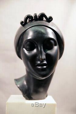Bronze Sculpture de Femme Buste Elie Nadelman Noir Patiné et Marbre Base