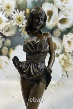 Bronze Signée Art Décor Marbre Base Fille Avec / Chat Figurine Sculpture