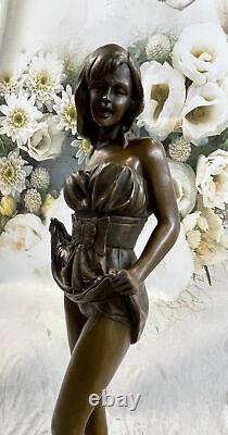 Bronze Signée Art Décor Marbre Base Fille Avec / Chat Figurine Sculpture