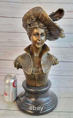 Bronze Signée Original Large Sexy Femelle Buste Marbre Base Sculpture Statue Art