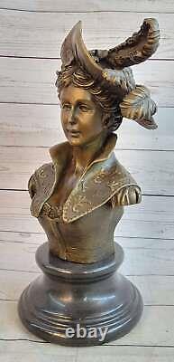 Bronze Signée Original Large Sexy Femelle Buste Marbre Base Sculpture Statue Art