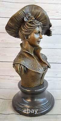 Bronze Signée Original Large Sexy Femelle Buste Marbre Base Sculpture Statue Art