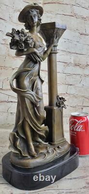 Bronze Statue De Femelle Buste Fleur Chapeau Marbre Base Dame Femme 16 Signée